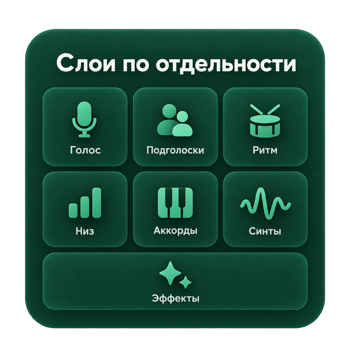Слои песни по отдельности: голос, подголоски, ритм, низ, аккорды, синты, эффекты